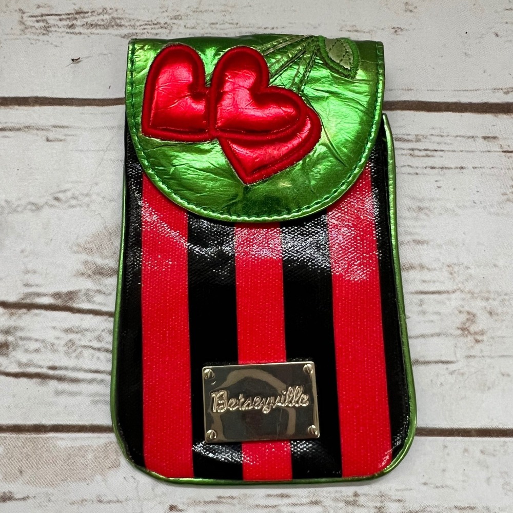 Betseyville Tech Pouch Red Black Striped Metallic Green Heart Y2K OS